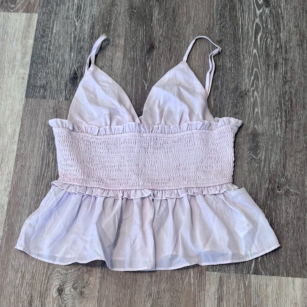 Storia - Light Pink Tie-Dye Smocked Ruffle Hem Cropped Top - Size Small